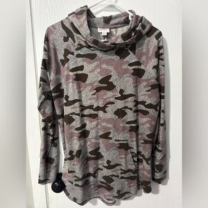 LuLaRoe Pink and Brown Camo Cowl Neck Top